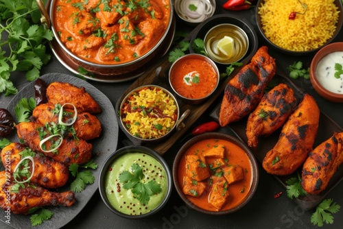 indian food feast with chicken tikka masala curry tandoori chicken and appetizers