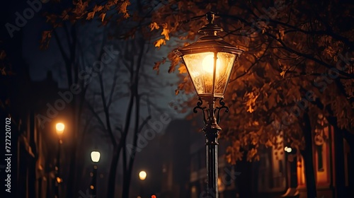 In the city at night a shining street lamp local light