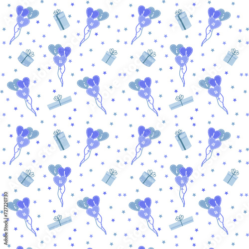 Flying blue balloons with giftboxes and colorfull stars seamless pattern vector illustration