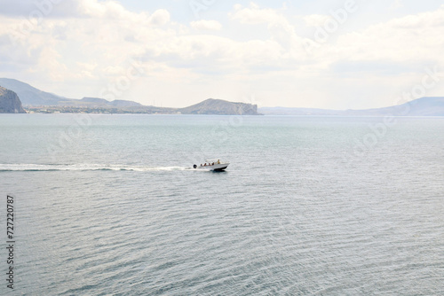 pictured a cargo boat goes to the open sea