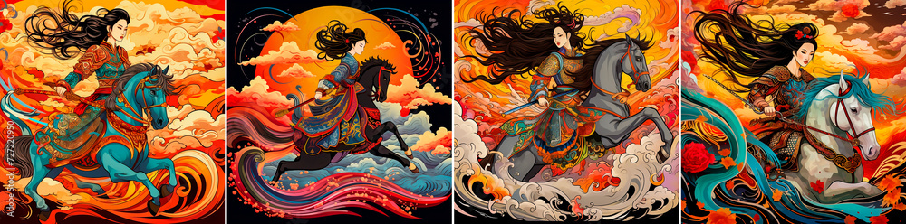 Woman riding a horse wearing medieval Chinese armor. Fire and Japanese elements included in the design. Cartoon hand stylized colorful swirl clouds add vibrancy.