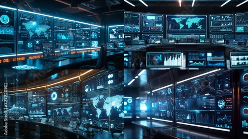 A series of large, sleek monitors in a futuristic command center showing a mix of financial analytics, 3D logistics routes, and inventory levels