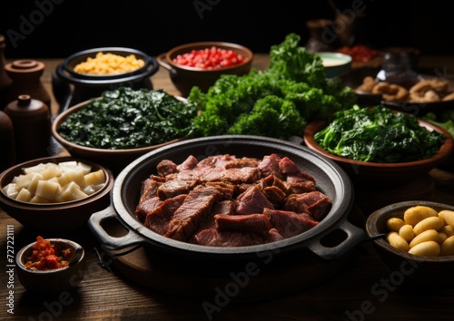 Sizzling platter of meat amidst a spread of vibrant greens and side dishes