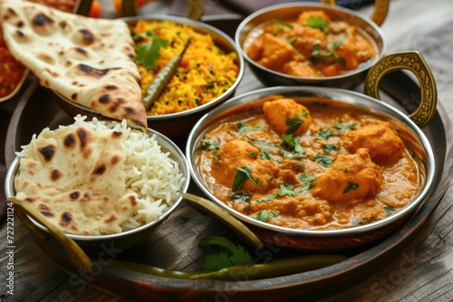 Indian food  Indian food  Indian food with curries  rice  naan bread  samosas and pakora.