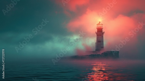 Lighthouse in a foggy sea show the direction - loneliness and hope concept