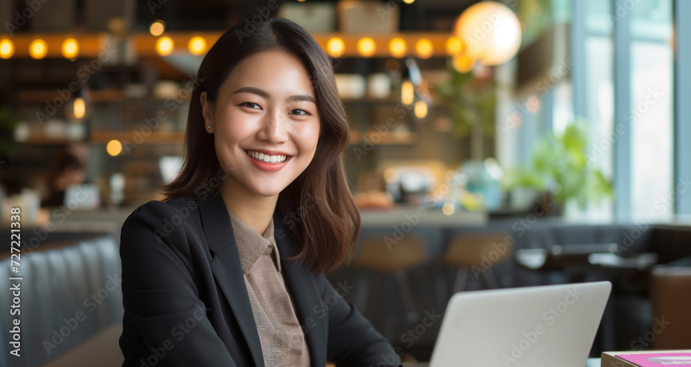 Fototapeta premium Portrait of smiling Asian businesswoman using laptop in the coffee shop.