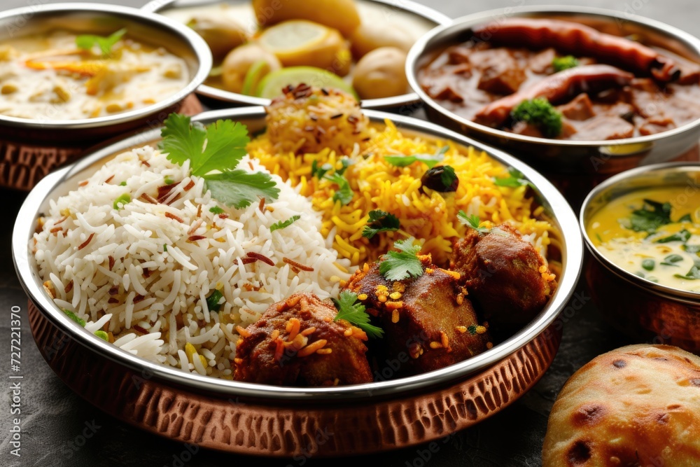 Indian meal thali with mutton biryani and gulab jamun. Indian meal thali with mutton biryani and gulab jamun.