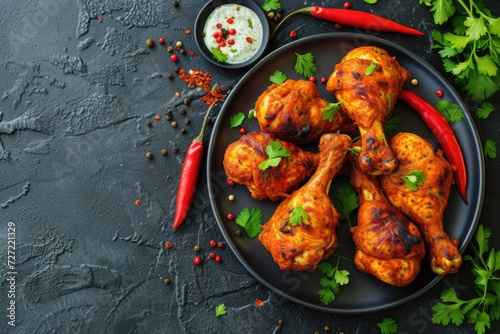 Indian style tandoori chicken on dark stone background.