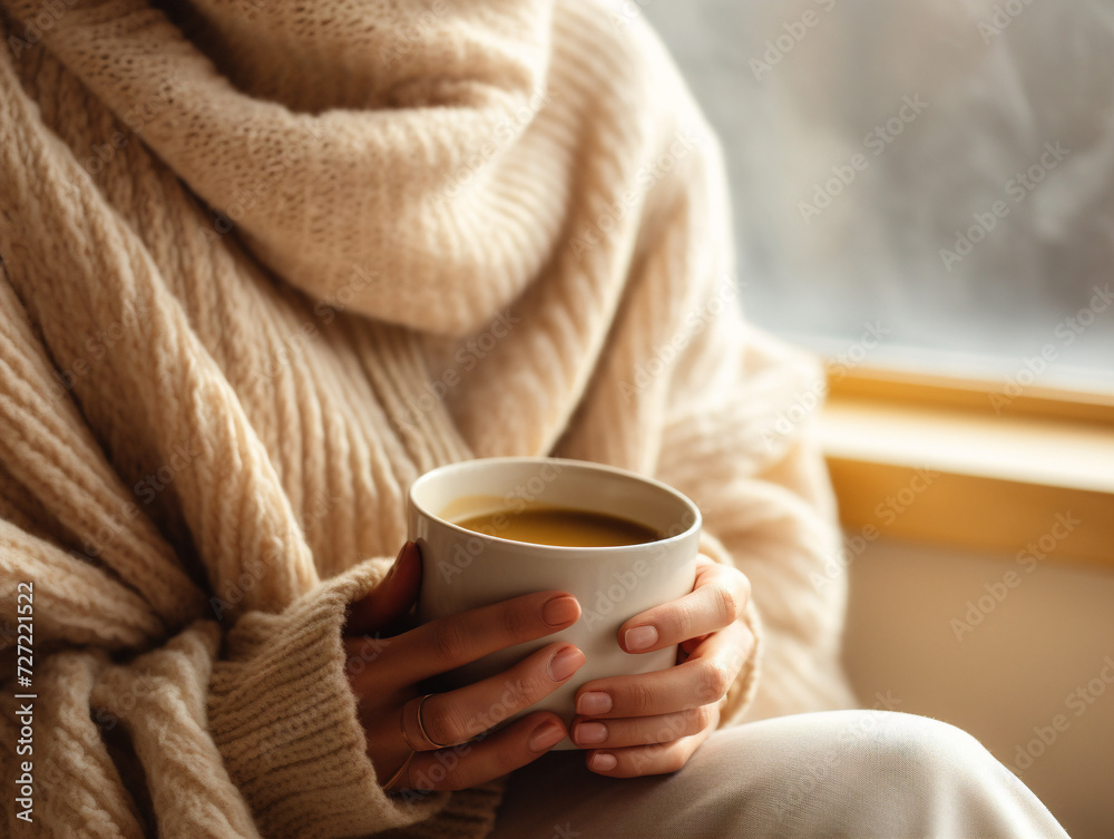 A person savors a moment of tranquility while relishing a steaming cup of hot beverage. A person savors a moment of tranquility while relishing a steaming cup of hot beverage.