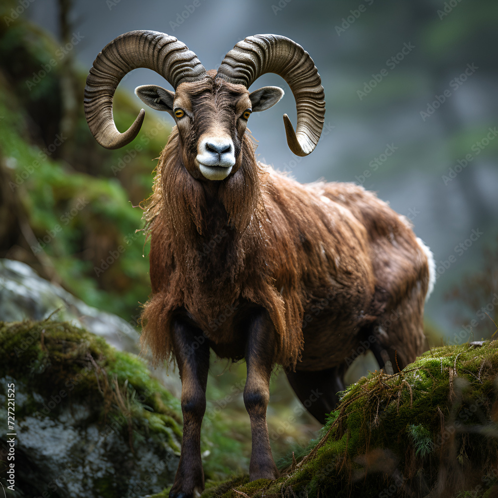 A ram with large horns standing on a grassy hill.AI Generative
