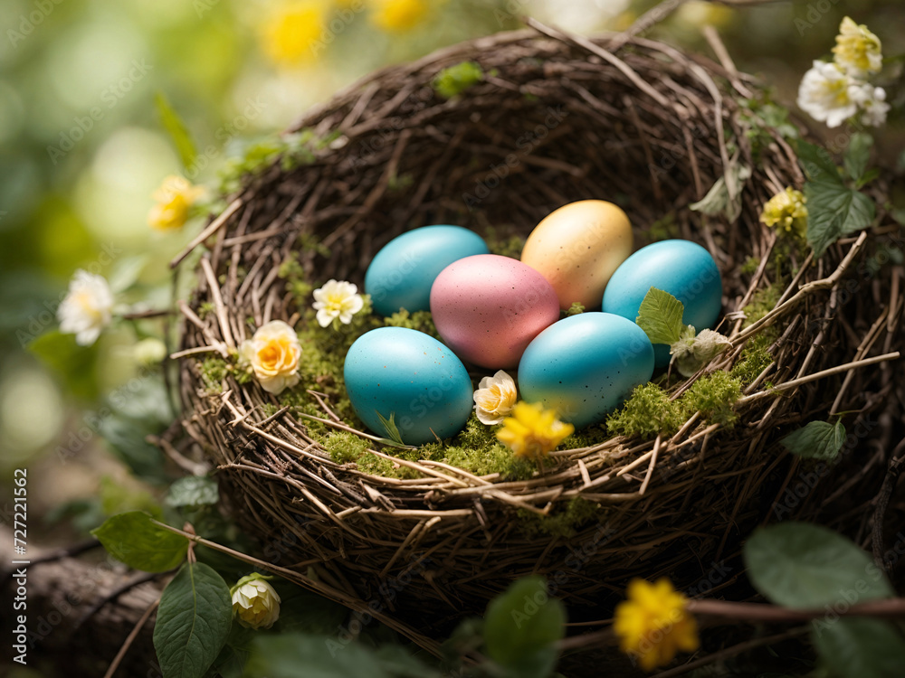 Obraz premium bird nest with colorful easter dyed eggs on tree branch