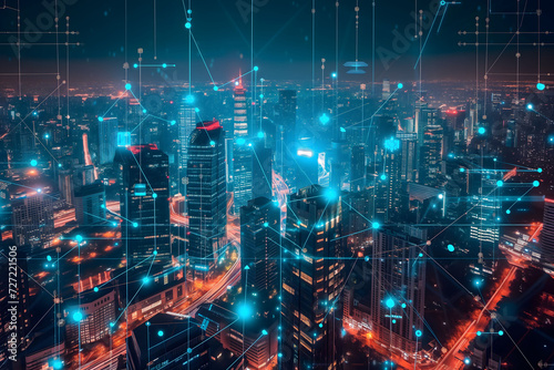 Abstract concept of a smart city with interconnected data points and network lines highlighting connectivity and data analysis over an urban landscape at night. 