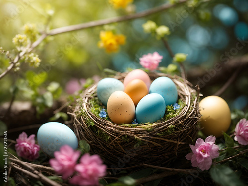 easter eggs in bird's nest on tree branch with flowers and springtime nature background