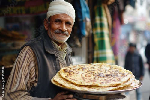 Male vendor selling paratha with chhola kulcha at his roadside food stall photo