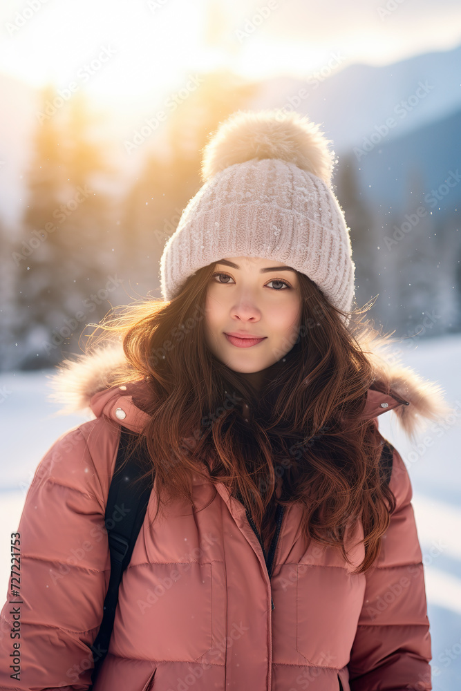 An asian girl wearing a hat walking through a snowy forest. Generative AI An asian girl wearing a hat walking through a snowy forest. Generative AI