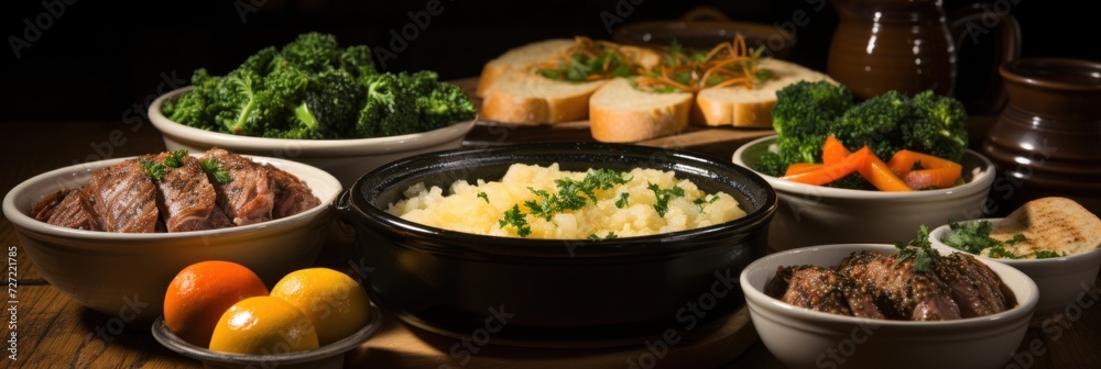 Hearty meat rolls and mashed potatoes accompanied by fresh greens on rustic table Hearty meat rolls and mashed potatoes accompanied by fresh greens on rustic table