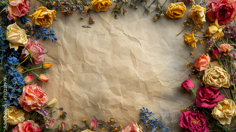 Dried roses and wildflowers arranged on aged parchment paper, leaving ...