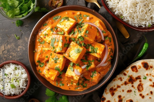 Shahi paneer   Butter Paneer with cumin rice  overhead view photo