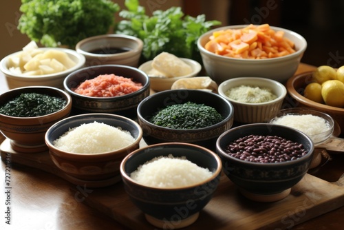 Assorted traditional side dishes and condiments neatly organized for culinary preparation