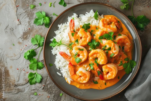 Shrimps in curry sauce and rice on a plate. horizontal view from above