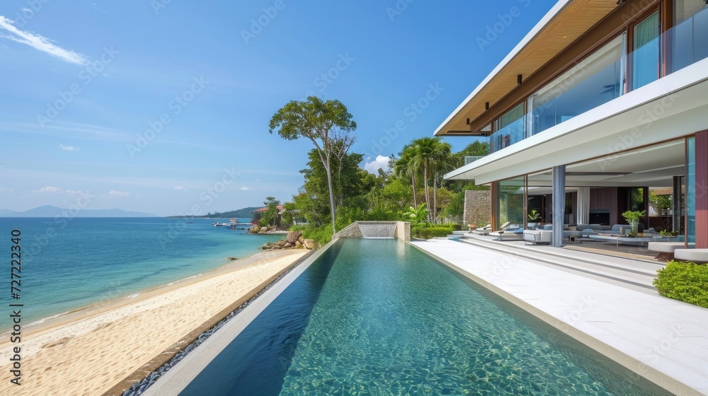 Fototapeta premium Top view of tropical Beach Club with pool
