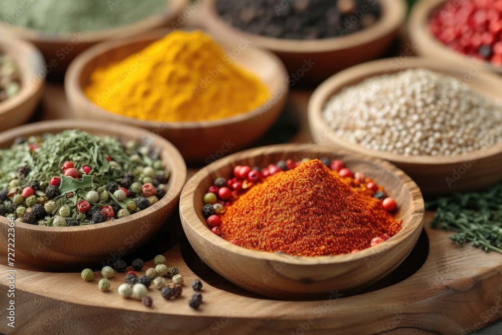 Wooden table of colorful spices