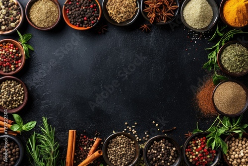 Wide variety spices and herbs on background of black table  with empty space for text or label.