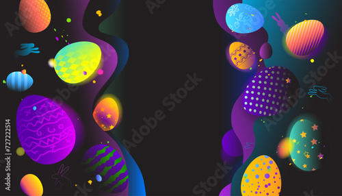 Colorful easter eggs on glowing neon lights background. Happy Easter day greeting card and banner design