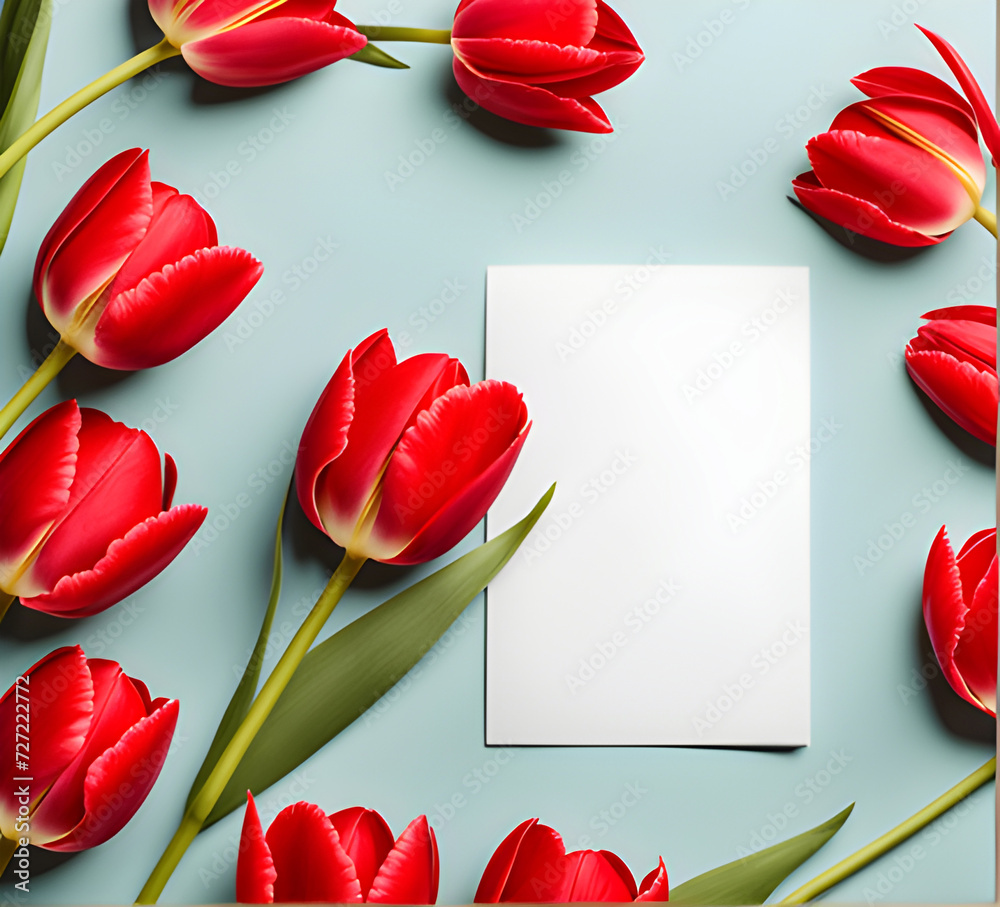 Card mock up with red tulip flowers. Birthday, 8 march, Valentines day, Mother day, Father day present. Greeting card. Top view. Copy space. Card mock up with red tulip flowers. Birthday, 8 march, Valentines day, Mother day, Father day present. Greeting card. Top view. Copy space.