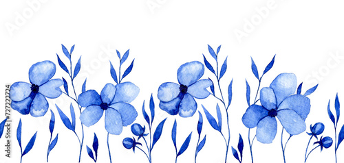Fototapeta Naklejka Na Ścianę i Meble -  watercolor seamless border, frame of abstract flowers and leaves in blue. simple botanical illustration