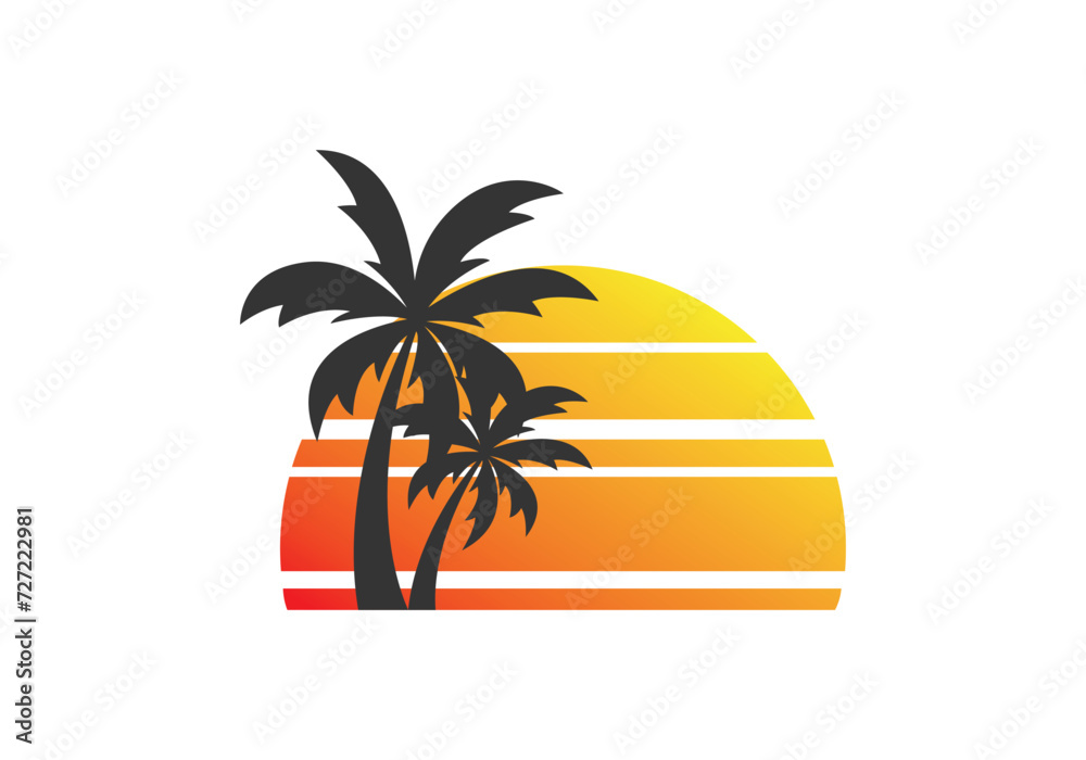 retro sunset palm tree vector icon logo illustration template white background