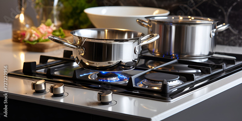 Saucepans on electric stove at kitchen at home, Cooking Delight Saucepans Simmering on Your Electric Stove.AI Generative