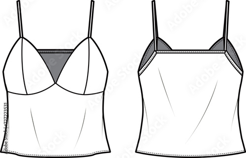 Technical flat sketch of Strappy cami top. Deep v-neck sleepwear blouse with shoulder strap. Vertical bust dart. Front and back apparel. Vector mock up Template. photo