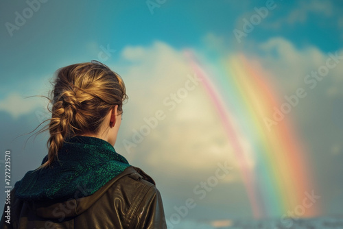 Radiant Reverie: A Woman, Mesmerized by the Majestic Rainbow