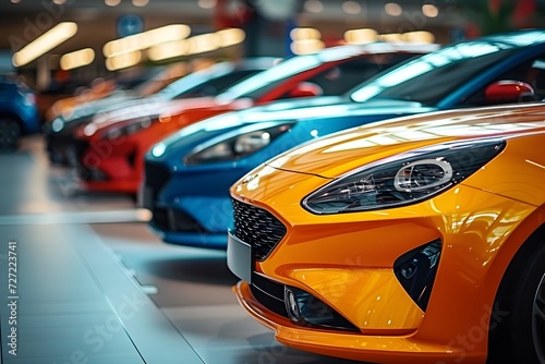 Row with a focus on a vibrant orange car in the foreground. 