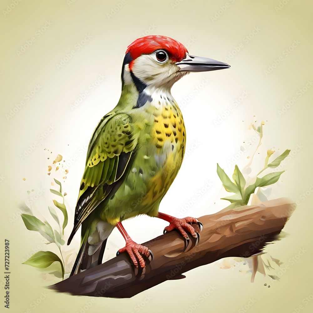 European Green Woodpecker (Picus viridis) in a colorful watercolor ...