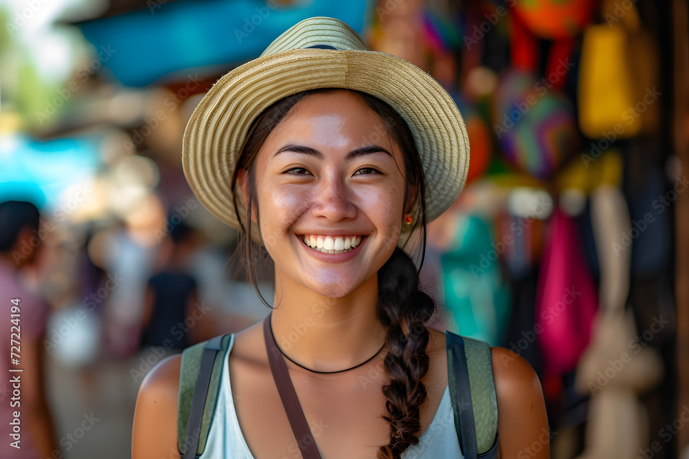 Radiant Joy: A Woman With a Hat Flourishes Her Smile