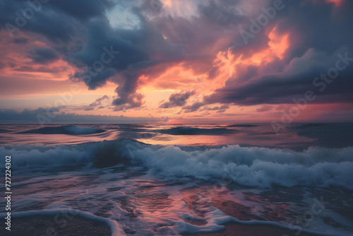 A Symphony of Colors: Majestic Ocean Sunset Engulfed by Graceful Waves © Ilugram