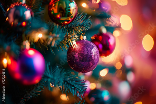 Glittering Splendor: A Festive Close-Up of a Christmas Tree Bedecked With Dazzling Ornaments.