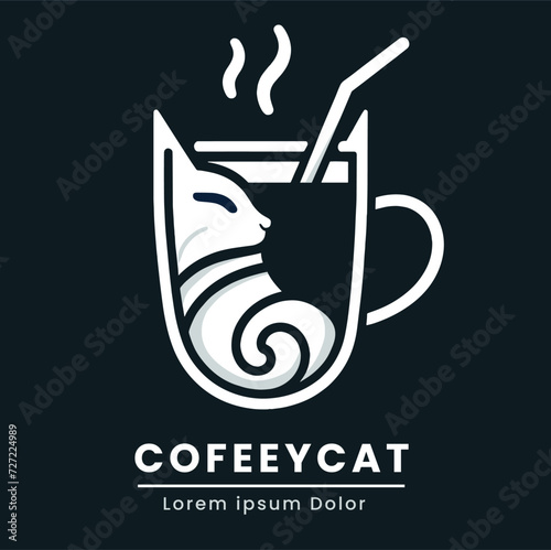 logo cat and cup for cafe with simple modern minimalist style for a cute restaurant