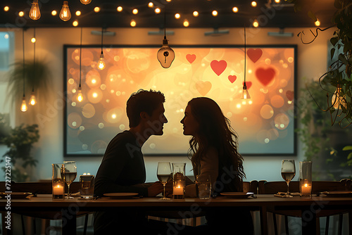 Romantic young couple  while during dinner at dining table celebrating Valentine s Day