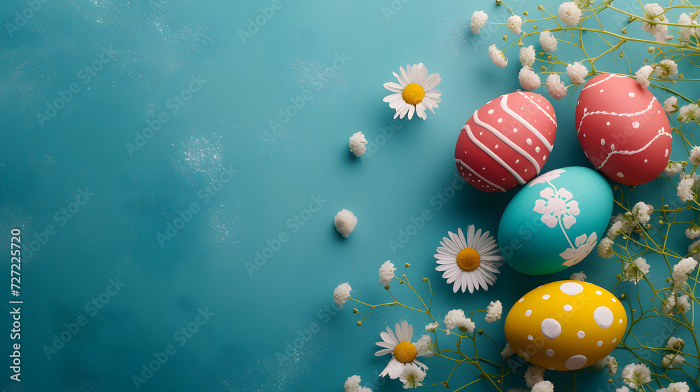 Colorful Easter Eggs and Daisies on a Blue Background