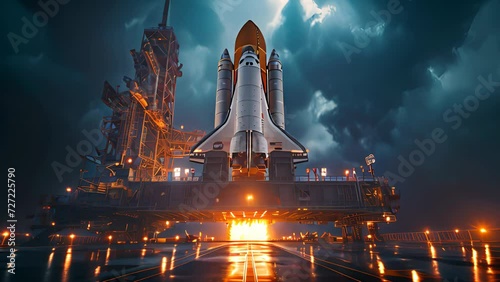 The space shuttle launches from the launch pad into the sky and outer space. photo