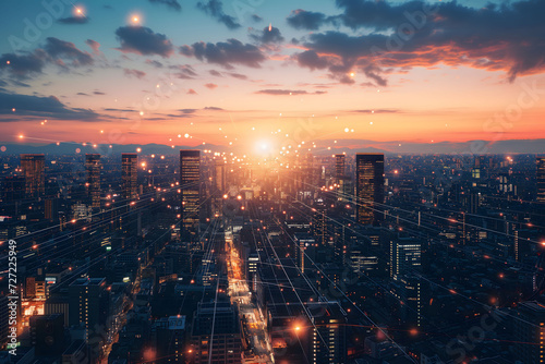 Sunset view of a smart cityscape interconnected with glowing network lines, symbolizing communication and technology in urban spaces. 
