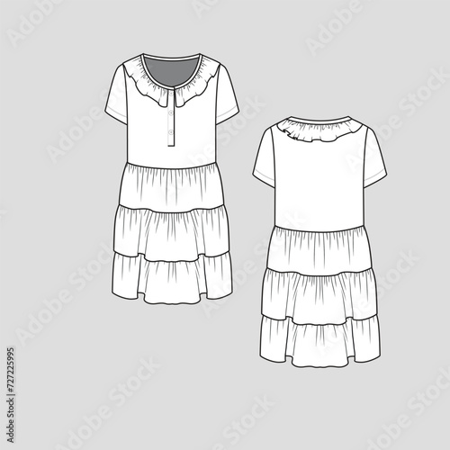 Tiered Henley Neck Ruffles Dress Neckline frill Ruffles  button panel Short Sleeve Fashion Dresses  blouse flat sketch technical drawing template design vector