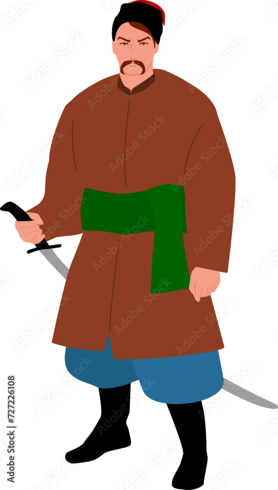 Ukrainian Kozak (Сossack) with a saber. Transparent background.  Vector illustration