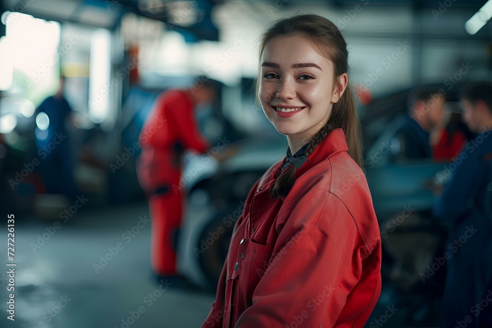 a female vehicle maintenance engineer, in a car-repair suit smiles at the camera, standing in a garage in front of a car, which repairing at the moment. colleagues are working behind. generative AI a female vehicle maintenance engineer, in a car-repair suit smiles at the camera, standing in a garage in front of a car, which repairing at the moment. colleagues are working behind. generative AI