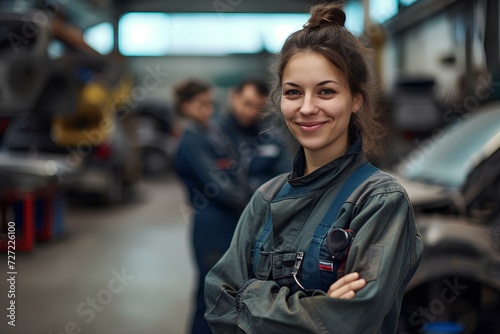 a female vehicle maintenance engineer, in a car-repair suit smiles at the camera, standing in a garage in front of a car, which repairing at the moment. colleagues are working behind. generative AI