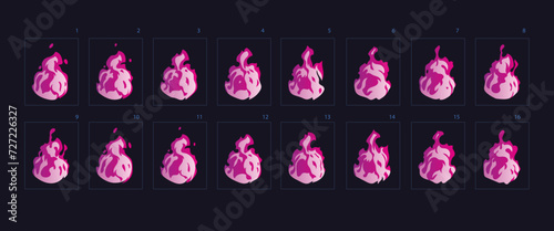 Purple color dust explosion animation. Sprites sheet. campfire, fire trap, fire pillar vector flame video frames for game design