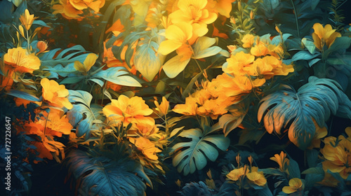 Yellow Lush Botanical Flowers and Leaves Background with Neon Luminescent Glow - Muted and Grainy Overlay Effect - Lemon Yellow 